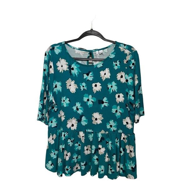 Cute summer top elbow sleeve emerald green floral peplum waist bow knot sz large - Picture 1 of 11